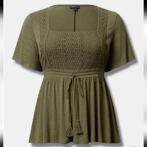 Torrid Knit Square Neck Lace Inset Flutter Sleeve Babydoll Top